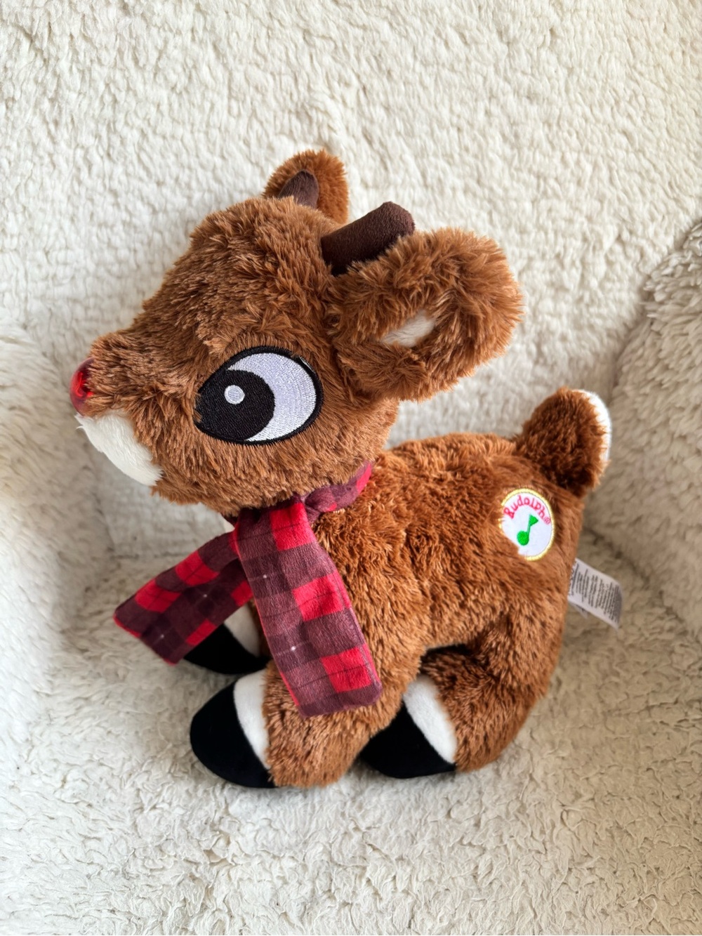 Plush Brown Reindeer Toy with Red Plaid Scarf - Holiday Kids Toy play music